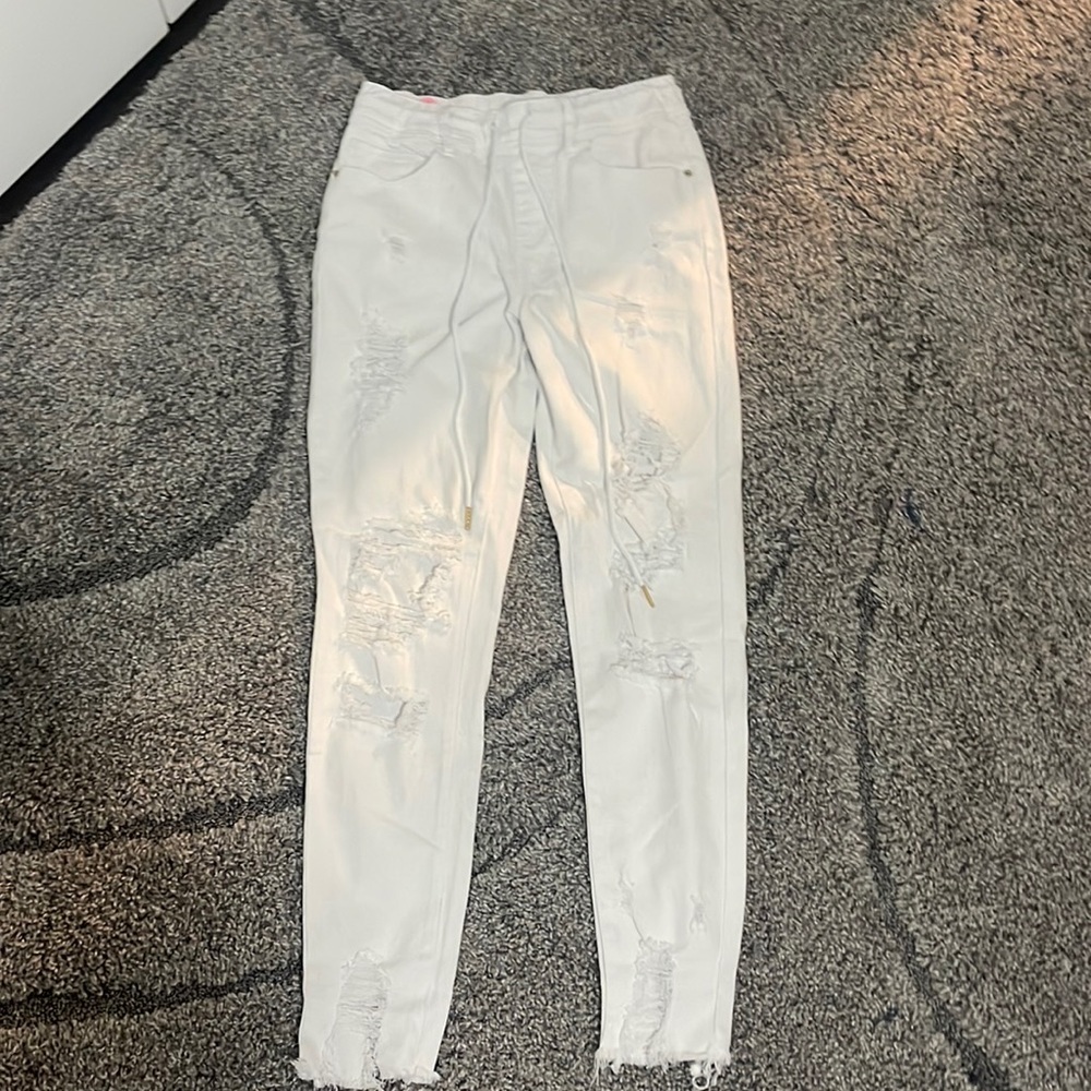 white tie drawstring ripped jeans